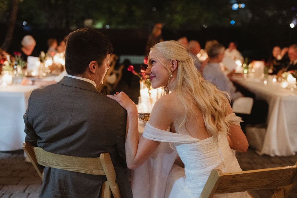 Ben and Elizabeth at their candlelit reception at Justine’s Secret House in Austin